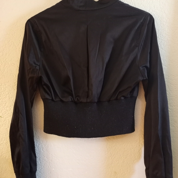 XXI Black Satin Sandy From Grease Cropped Bikercore Moto Bomber Jersey Hem Coat - Picture 3 of 5